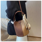 Women's Bucket Bag Small Coffee Brown PU Leather Two-Tone Casual Crossbody