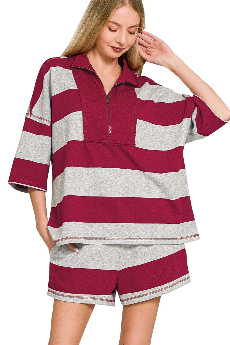Zenana Cabernet Striped Half-Zip Lounge Set with Top and Shorts