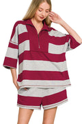 Zenana Cabernet Striped Half-Zip Lounge Set with Top and Shorts