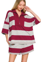 Zenana Cabernet Striped Half-Zip Lounge Set with Top and Shorts