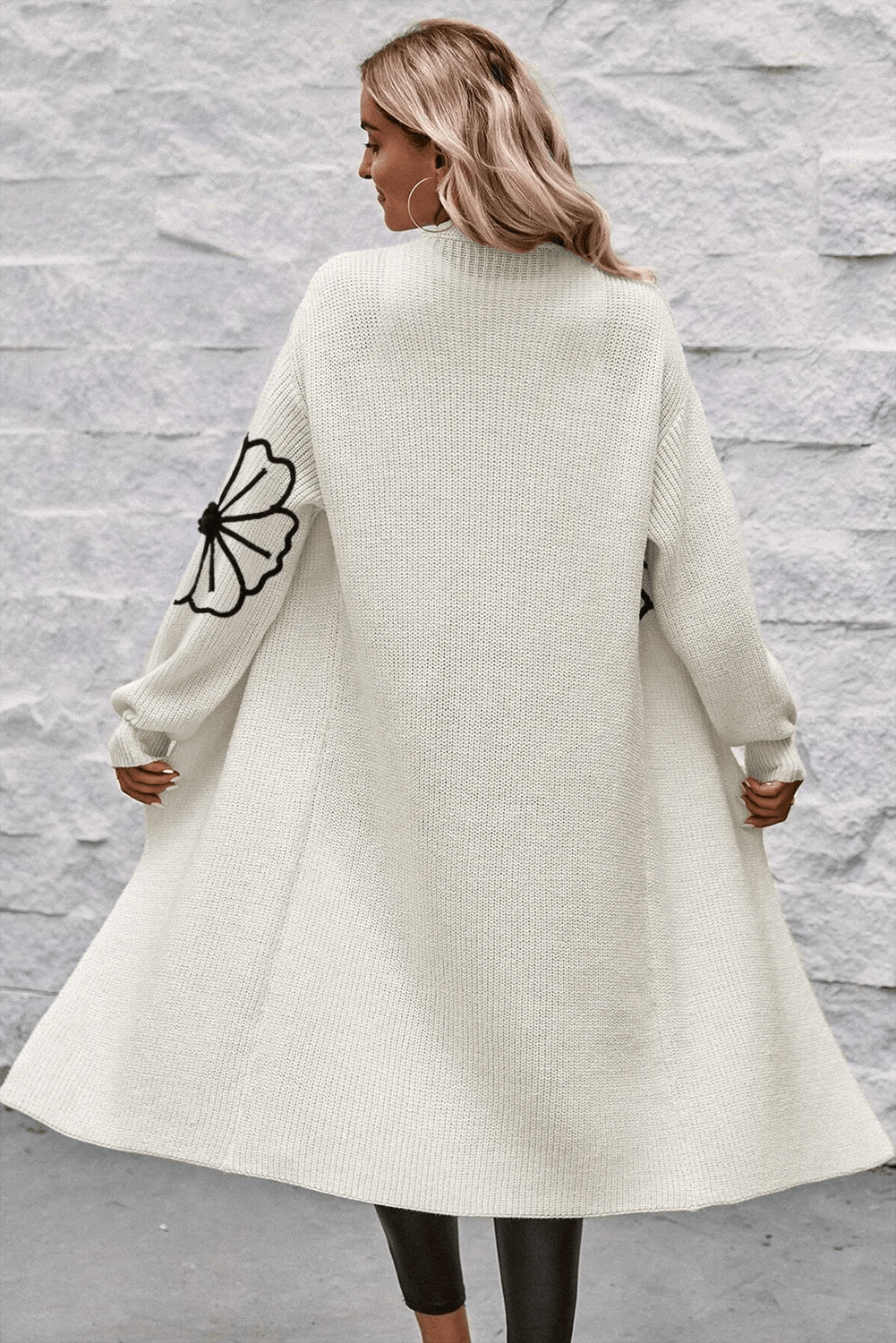 Cardigan Flower Embroidery Open Front Long Sleeve Longline Knitwear