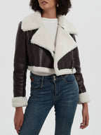 Women Faux Leather Cropped Jacket Collared Neck Long Sleeve Plush Lined Chocolate 12a97d69-4cd5-44d1-ab67-230c0fb96fea-Max Trendsi