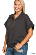 Zenana Womens Sweatsirt Black Scuba High Neck Half Zip Short Sleeve Top 12aad8d8-f265-4595-a11f-c8dcdf3978f0-Max-Origin Trendsi