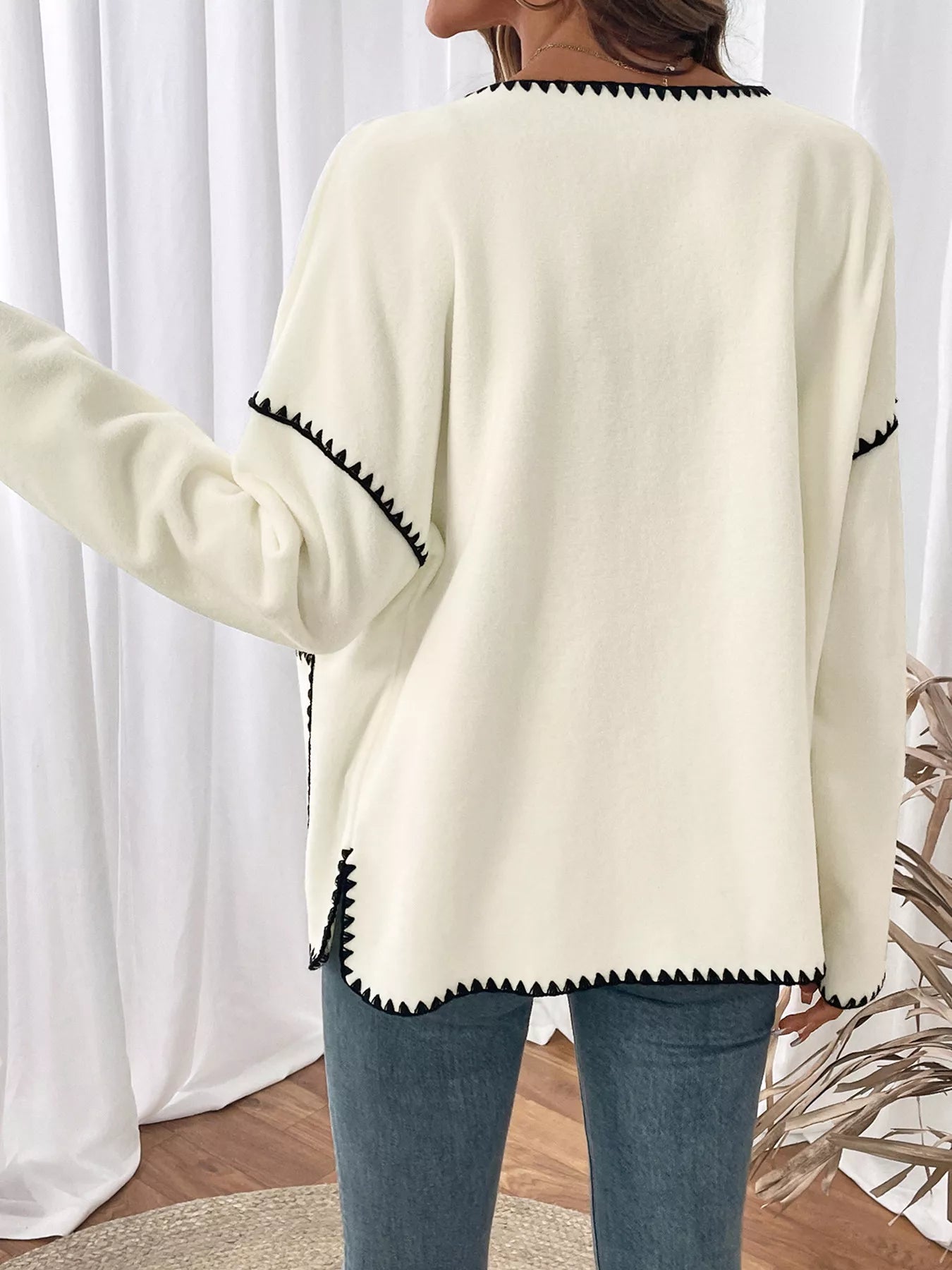 Women's Jacket Cream Contrast Trim Button Up Pocketed Outwear 12acf584-51b5-454b-b434-3b6e16e04b6b-Max-Origin Trendsi