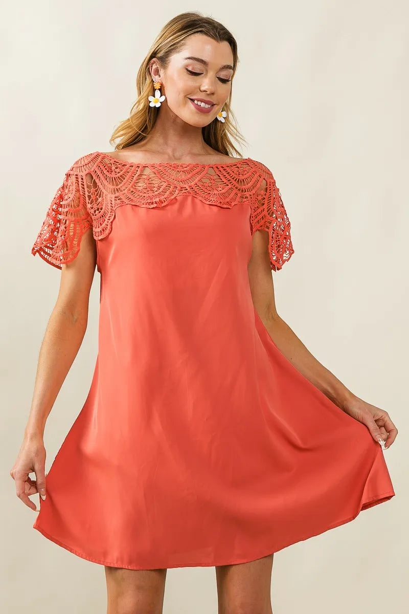BiBi Dress Crochet Lace Yoke Detailed Wrinkled Short Sleeve APRICOT 12ad1f70c2b14430bccf504edf22d258-Max-Origin Trendsi