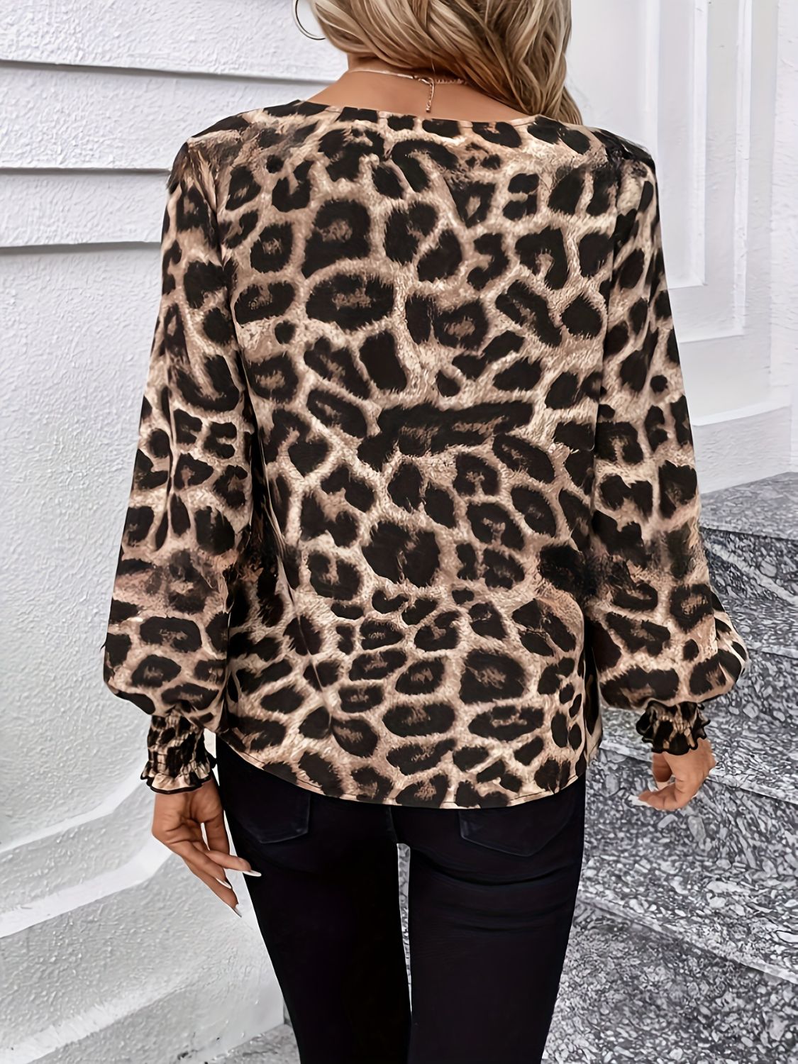 Leopard Women Blouse V-Neck Lantern Sleeve Casual Tops