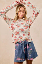 BiBi Womens Knit Top Floral Print Washed Waffle Thermal Blouse 12b79b15ac704df6b0c4399c56eb0a54-Max-Origin Trendsi