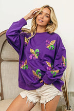 BiBi Sweatshirt Purple Mardi Gras Fleur De Lis Sequin Patches Long Sleeve Top PURPLE 12ba1c1ab24e460281ded80de3ebf238-Max-Origin Trendsi