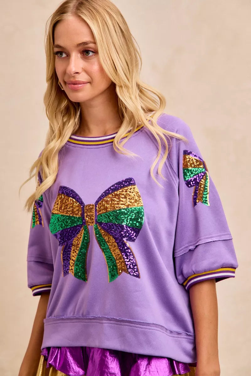 BiBi Womens Blouse Lavender Sequin Patched Ribbon Mardi Gras Theme Top 12cb091d624a4cbabc92ffba72ac4c22-Max-Origin Trendsi