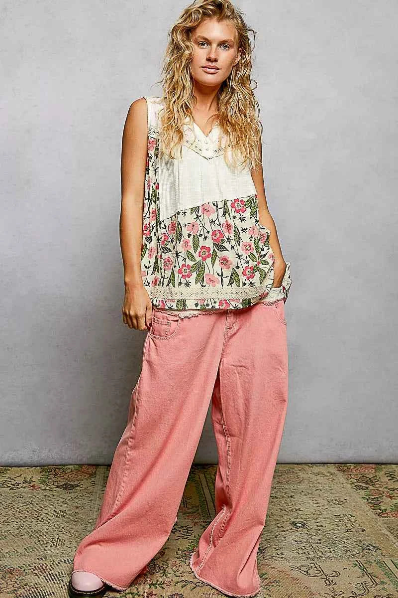 POL Floral V-Neck Tank Top Beige Floral Lace Detail Sleeveless Blouse 12de08c1-37df-4ad0-a2a3-72aebcb25e1d-Max-Origin Trendsi