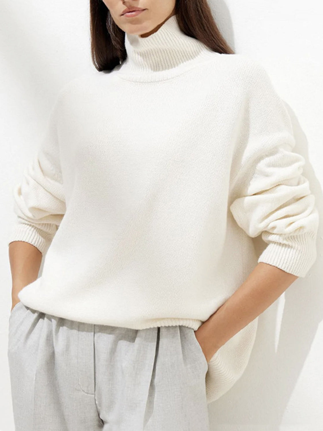 Ribbed Women Sweater Turtleneck Long Sleeve Soft Acrylic Loose Basic Pullover