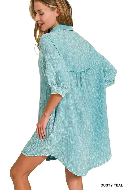 Zenana Shirt Dress Dusty Teal Cotton Washed Double Gauze Oversized Pocketed 12e98b124ddf4a92a6f098afe2b685fe-Max-Origin Trendsi