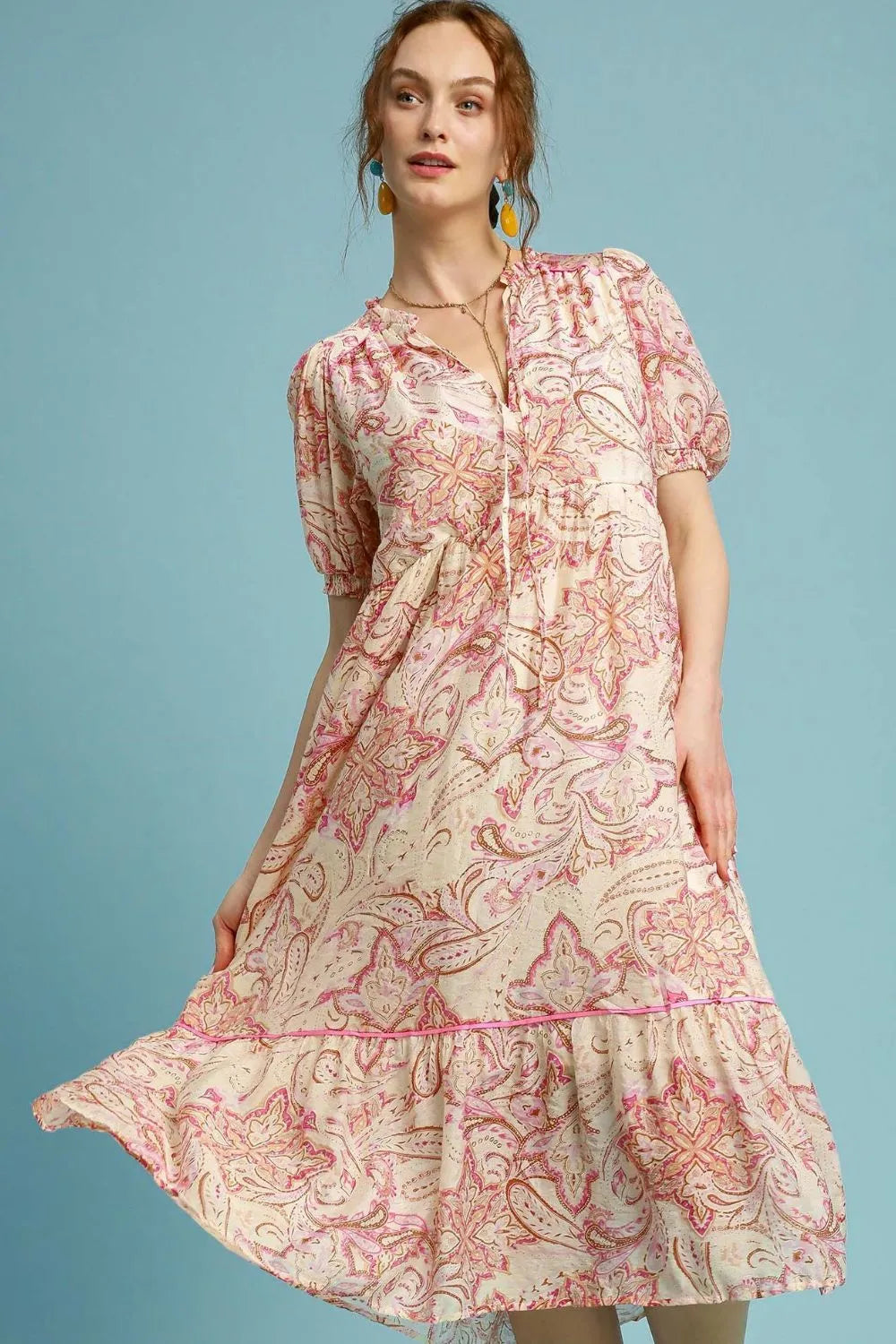 Umgee Midi Dress Floral Pink Mix Printed Puff Short Sleeve Tied PINK MIX 12e9a5a4-de09-4cb3-b69e-f85fb3a1bfb0-Max-Origin Trendsi