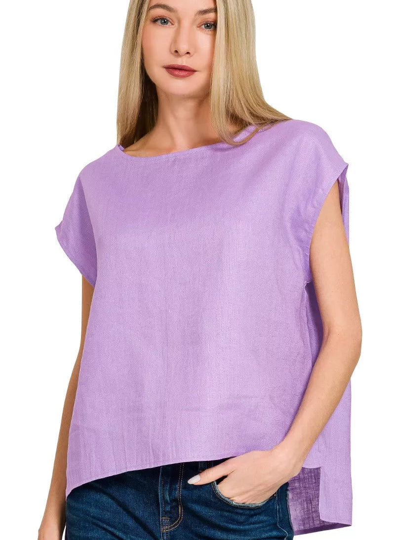 Zenana Linen Round Neck Cap Sleeve Top