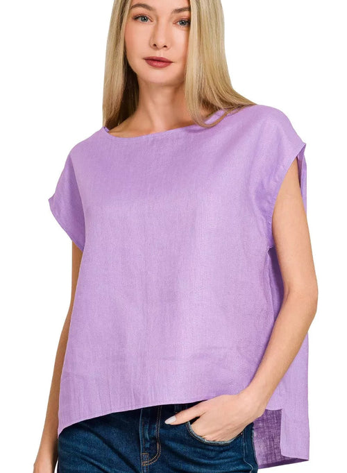 Zenana Linen Round Neck Cap Sleeve Top