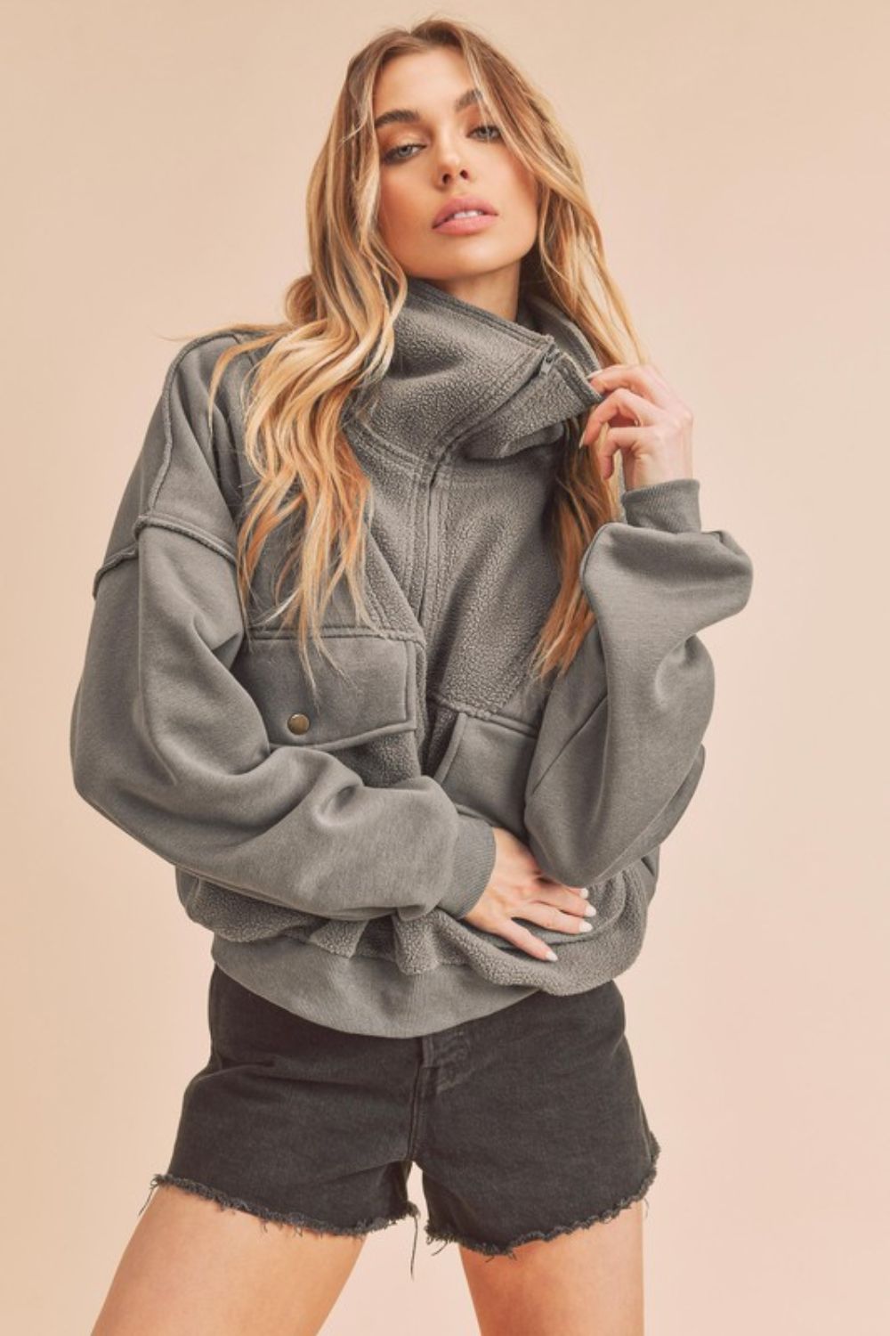 Aemi + Co Sweatshirt Dark Gray Exposed Seam Half Zip with Pockets Dark Gray 12f47b31-3a41-464a-be7d-d9fb25d60ef3-Max Trendsi