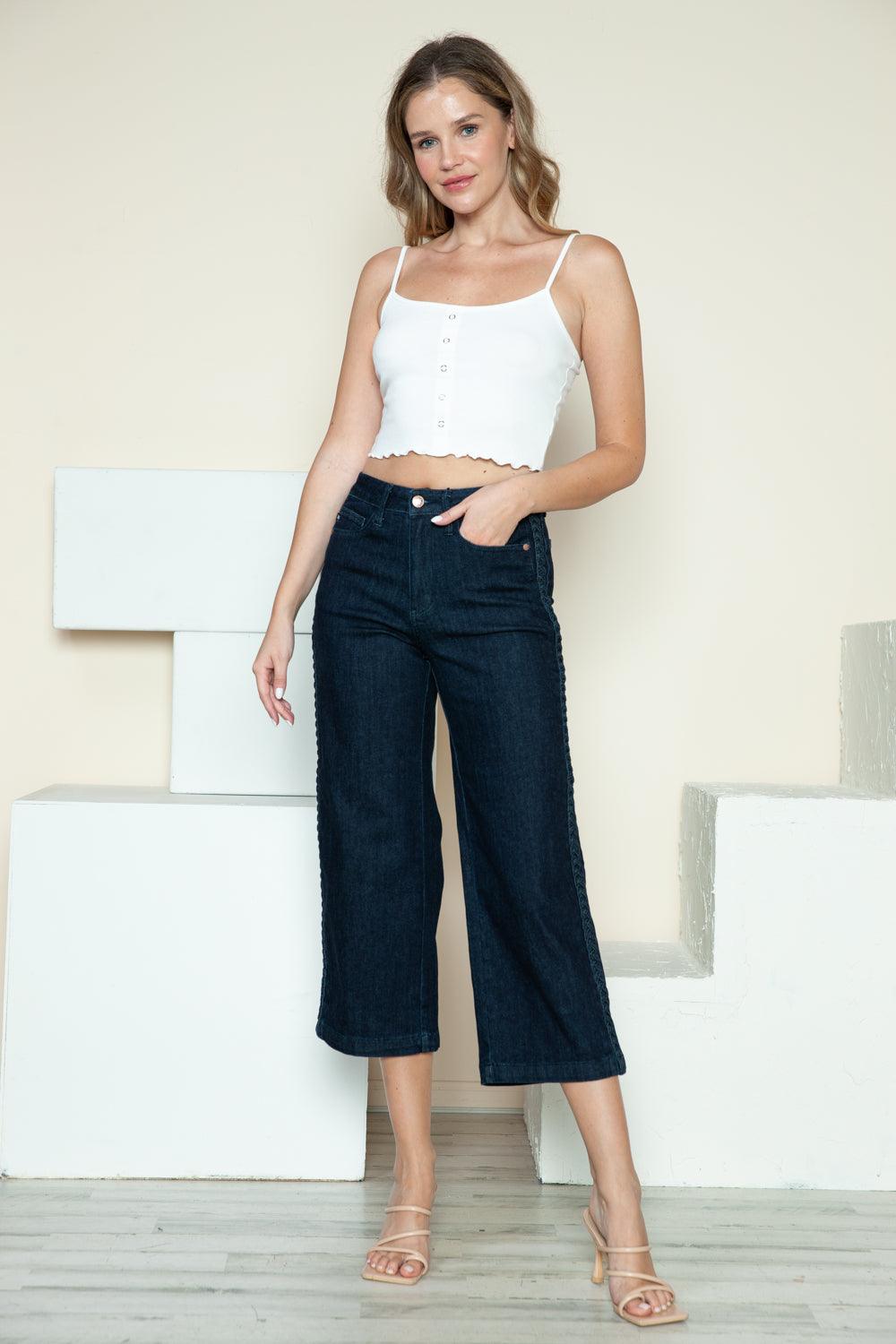 Judy Blue US Crop Wide Leg Jeans Side Seam Braid Detail Denim Capri 130fc8cd-1aa9-4525-bfbc-c150f872eac1-Max Trendsi