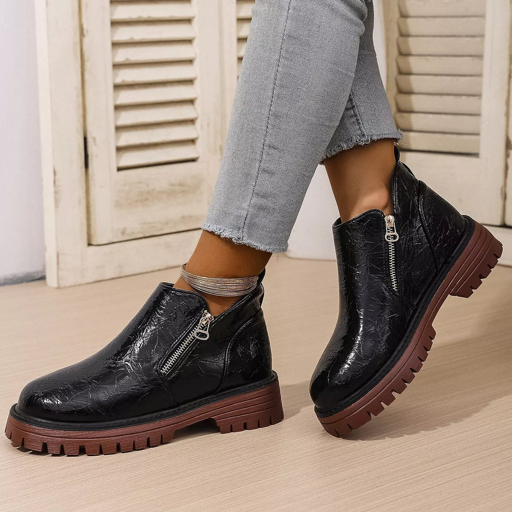 Women's Boots Pu Leather Side Zipper Round Toe Block Mid Heels Shoes 131125b219964f3c87b064def425331d-Max-Origin Trendsi