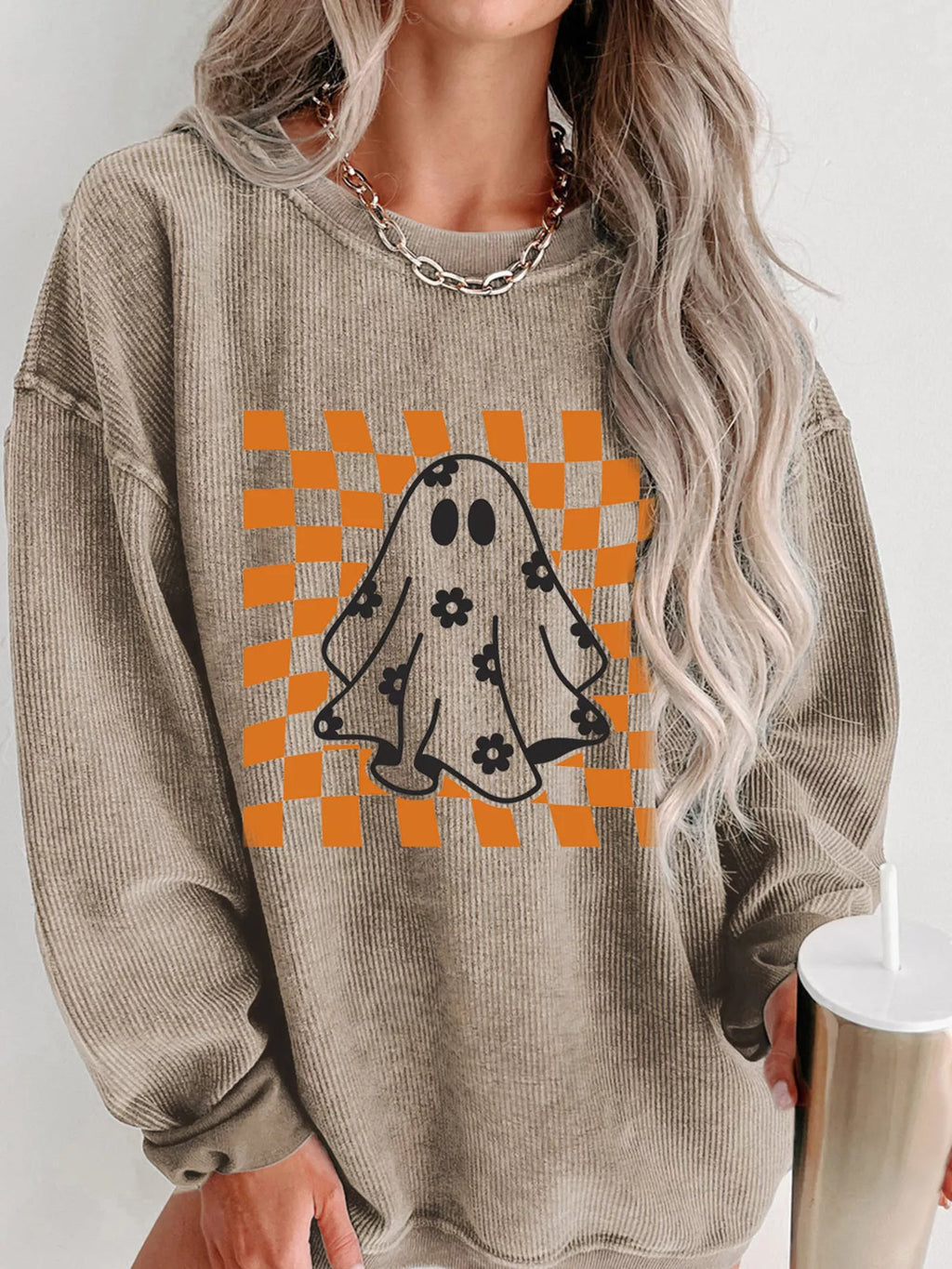 Halloween Women's Sweatshirt Khaki Checkerboard Floral Ghost Graphic Corded 1311b057039c49a680995e7e6cd6229a-Max-Origin Trendsi