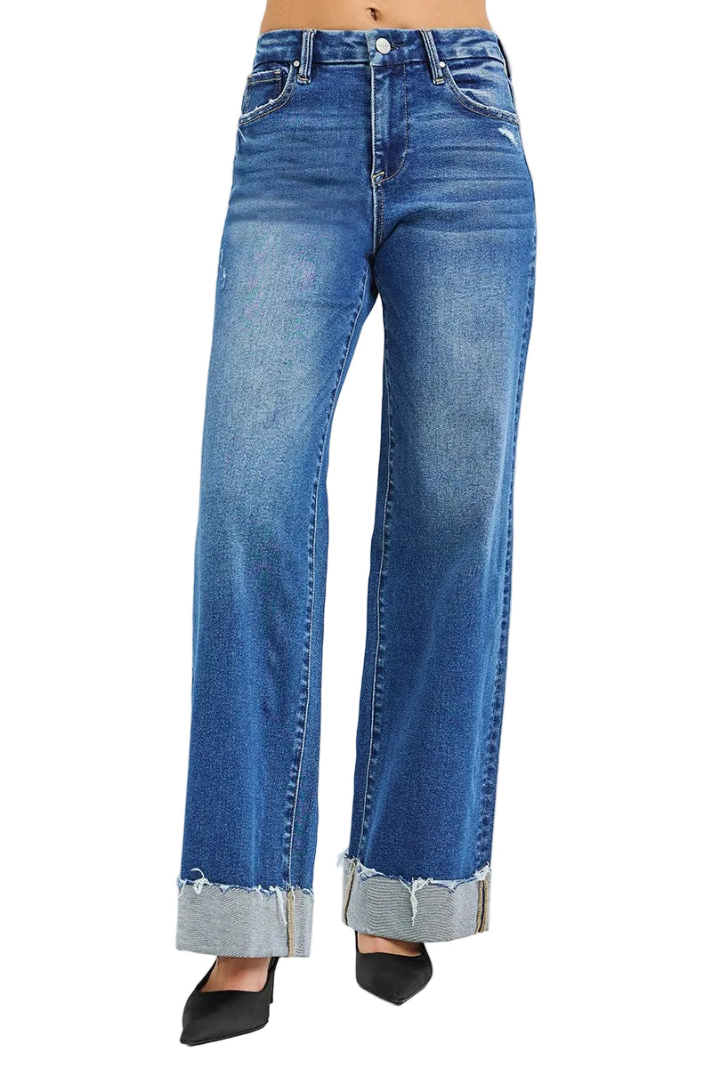 RISEN High-Rise Wide-Leg Jeans with Cuffed Hem