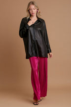 Umgee USA Black Metallic Shirt Women Side Slit Button Up Long Sleeve 13215f3c-9626-4e40-86d4-da9438feb943-Max Trendsi