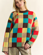 Checkered Color Block Sweater Davi & Dani Dropped Shoulder Long Sleeve Brown Multicolor 13221332-5378-4812-ad0a-799b20c78f2f-Max Trendsi