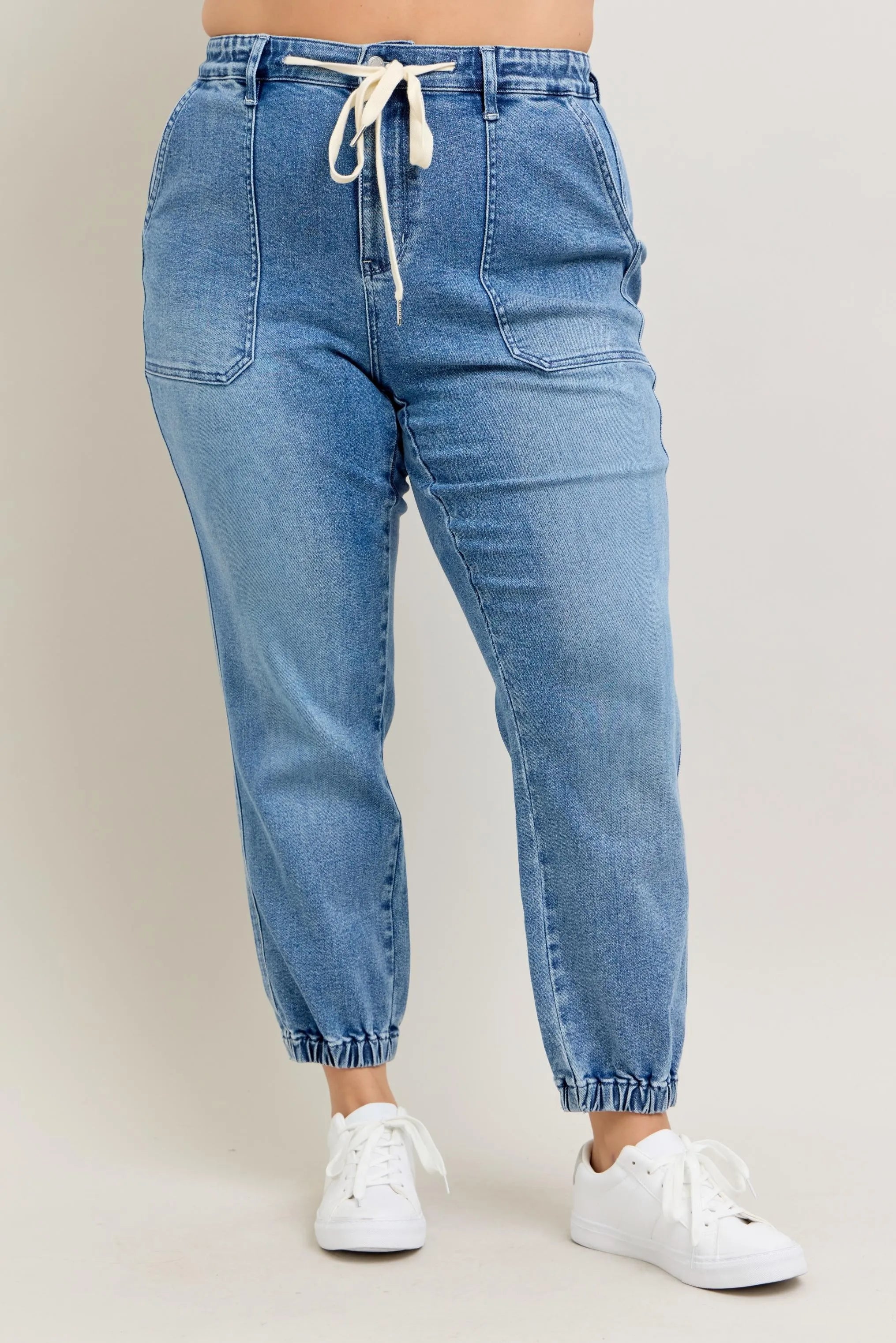 Judy Blue Denim Jogger Pants High Waist Drawstring Medium Wash 13235ab6-7044-4fa6-9a0c-31fe7470ec88-Max-Origin Trendsi