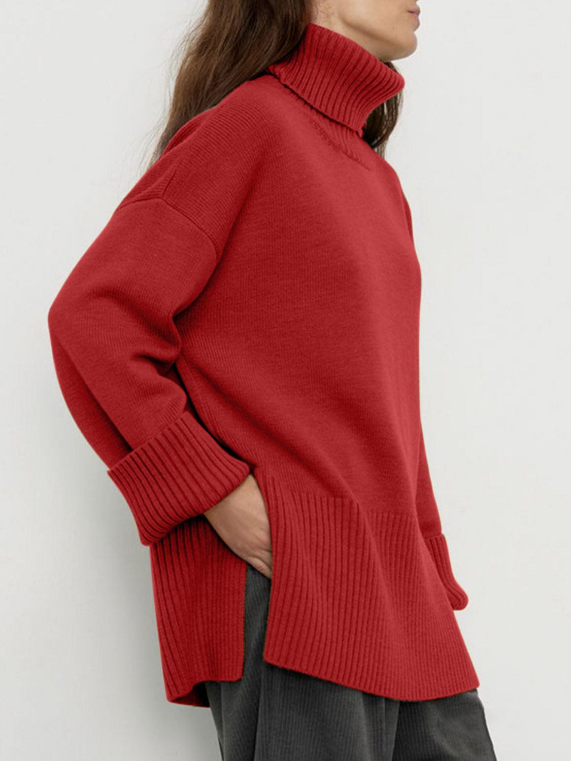 Women Sweater Side Slit Turtleneck Drop Shoulder Long Sleeve Soft Pullover 13277fc8-303d-4b6c-af77-a5f8d4b72663-Max Trendsi