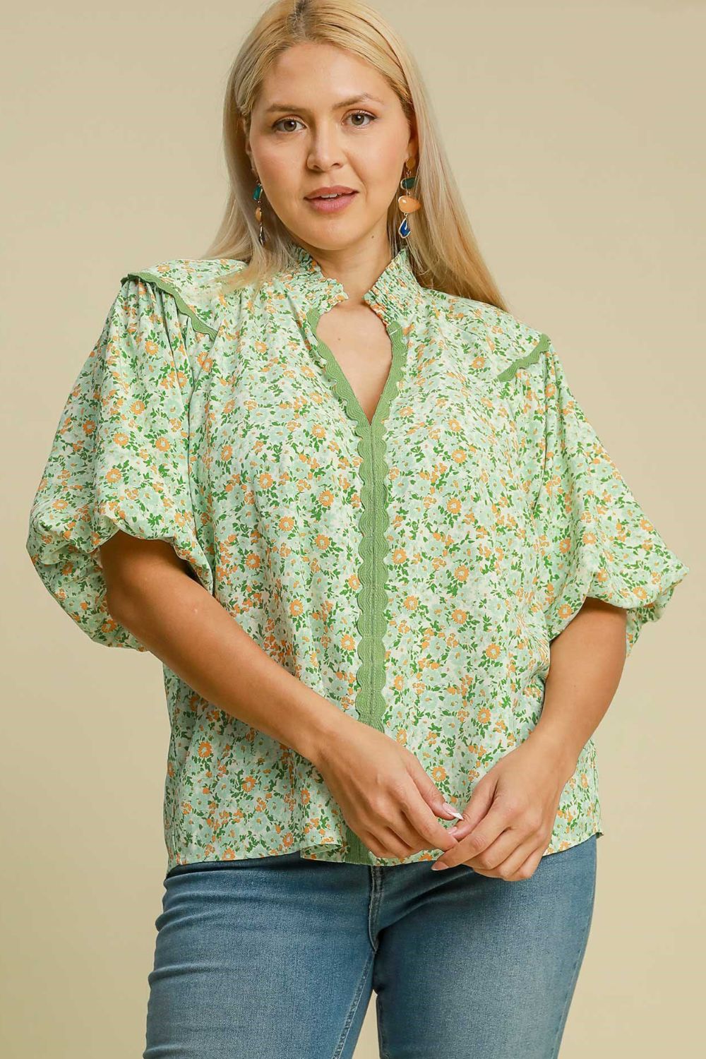 Umgee Blouse Floral Print Light Green Puff Short Sleeve Smocked Top 133405e6-fb73-42c2-9c7a-6abaa6f9bc5d-Max Trendsi