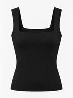 Tank sin mangas negro en plano展示了 cuello simétrico y cintura estrecha