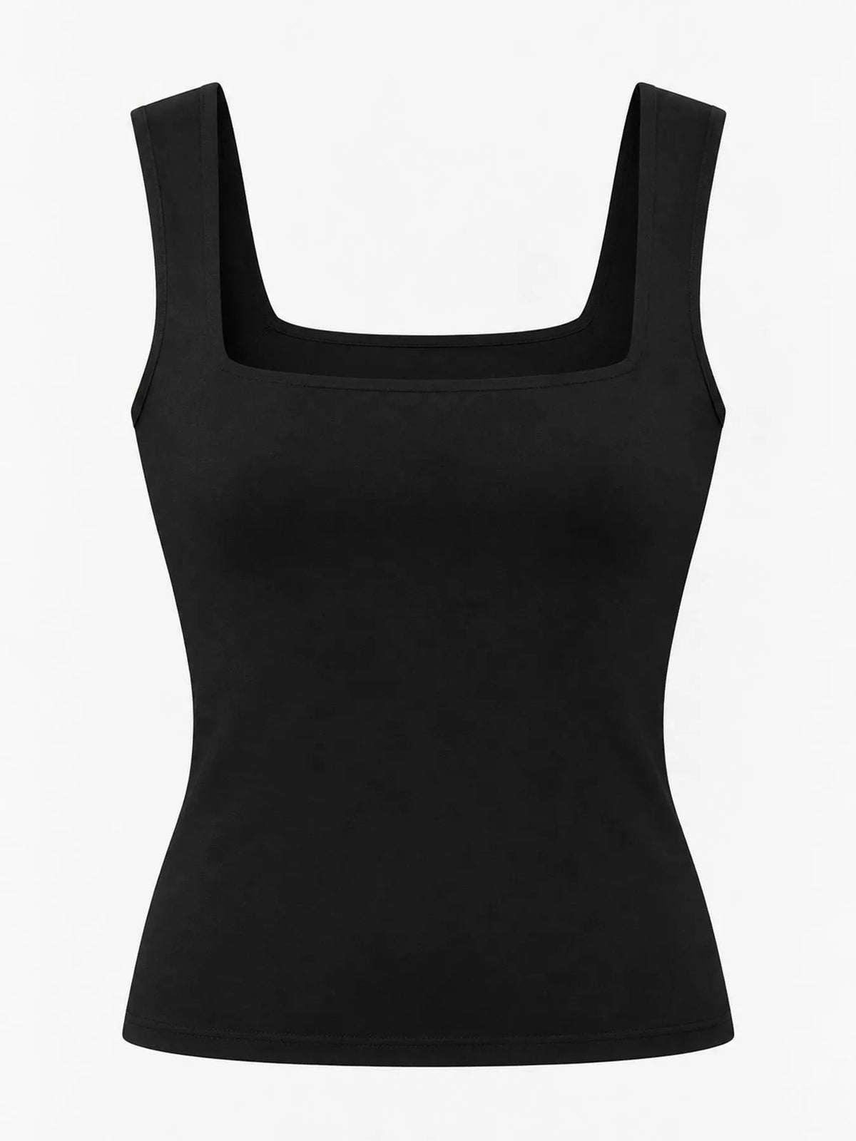 Tank sin mangas negro en plano展示了 cuello simétrico y cintura estrecha