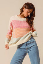 SO ME Womens Sweater Multi Color Block Stripe Long Sleeve Pullover 13388271959e4870b17551e8d9b4084c-Max-Origin Trendsi