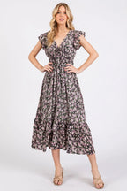 Mittoshop Midi Dress Black Floral Flower Print Ruffle Cap Sleeve V-neck 133a9f86bac74b3884be6fe3633f42f9-Max-Origin Trendsi