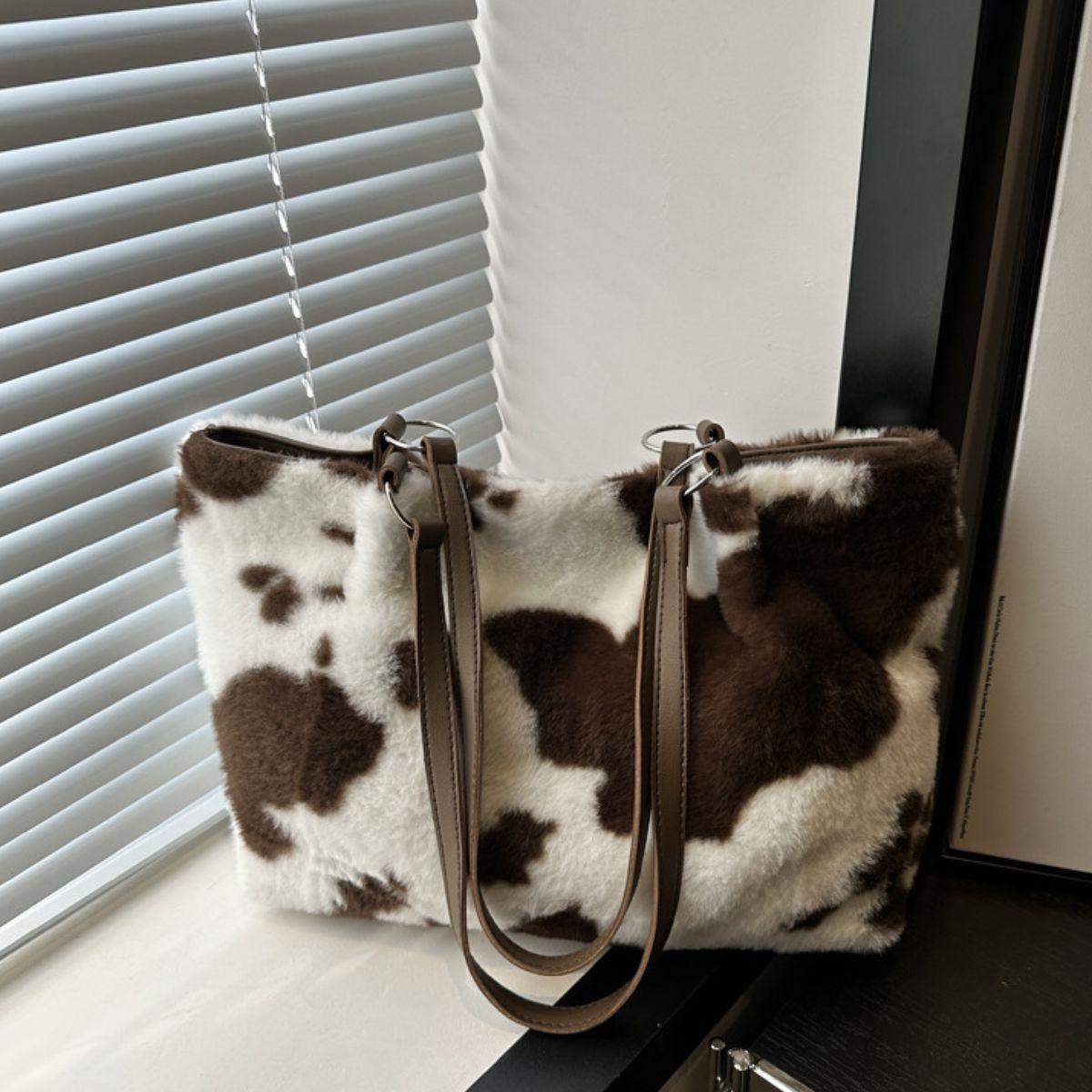 Furry Tote Handbag Large Cow Print Women Zipper Shoulder Bags Chocolate One Size 133d7b05-c118-4b51-a334-f3539050c029-Max Trendsi