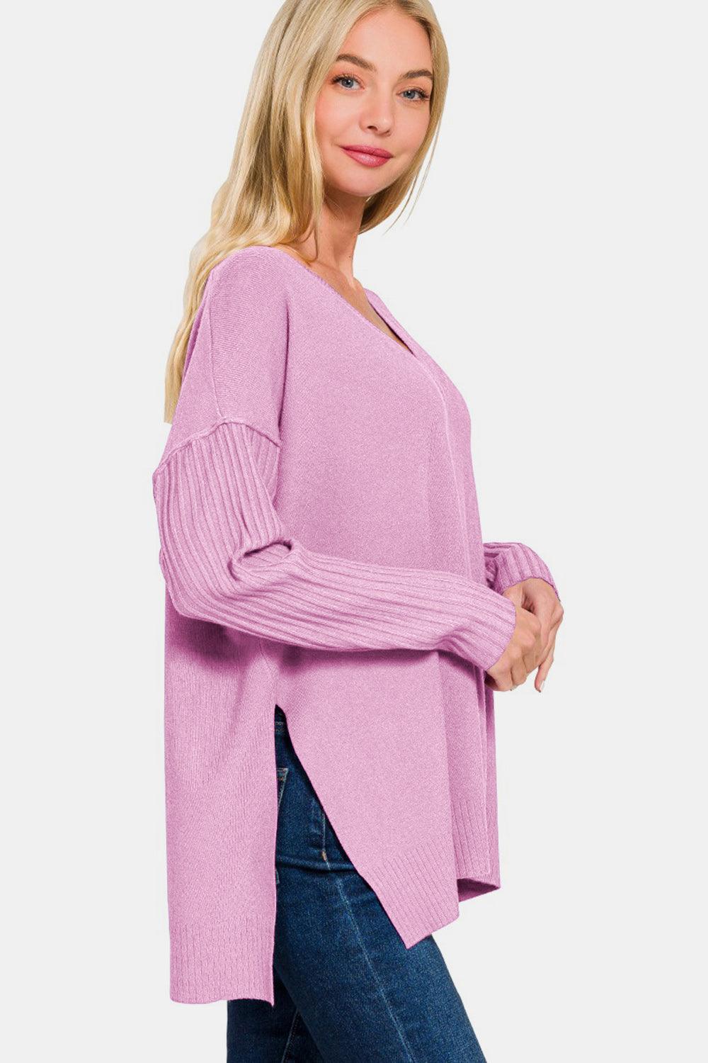 Zenana Sweater V-Neck Side Slit High-Low Loose Knitwear Long Sleeve 133eb0bd-18a1-4fd9-be55-9b79eefd202f-Max Trendsi