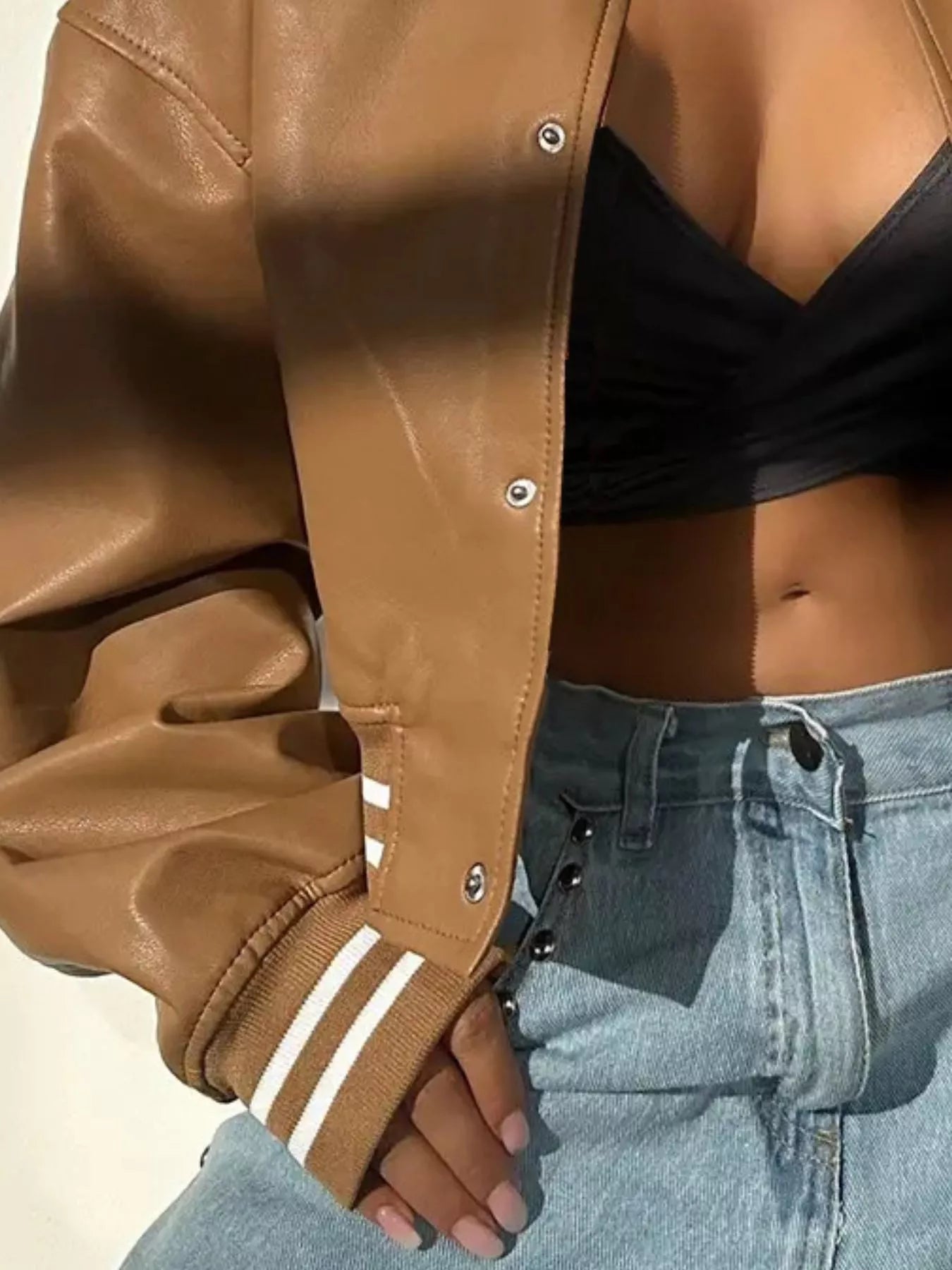 Women's Bomber Jacket Snap Down Stripe Contrast Long Sleeve Outwear 133f2661-227d-4e71-986b-51c8e3d39d5e-Max-Origin Trendsi