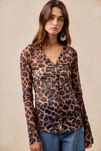 BiBi Women's Shirt Leopard Printed Mesh With Button Up V Neck Long Sleeve 133fe6e0dd4c415d8650eed54d981cce-Max-Origin Trendsi