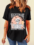 Halloween Skull Women's T-shirt Black Checkerboard Graphic Round Neck Tee 1349a343a49e4f3d88dd4a7c98a65d6b-Max-Origin Trendsi
