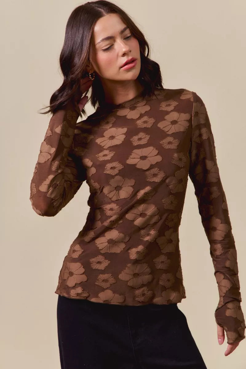 SO ME Womens Blouse Brown Floral Jacquard Casual Tops Stretched 134a0de520bc48828a4753a0824c835c-Max-Origin Trendsi