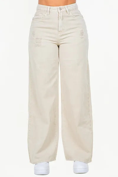 American Bazi Beige Wide Leg Jeans Women's High Waist Distressed Denim Pants Beige