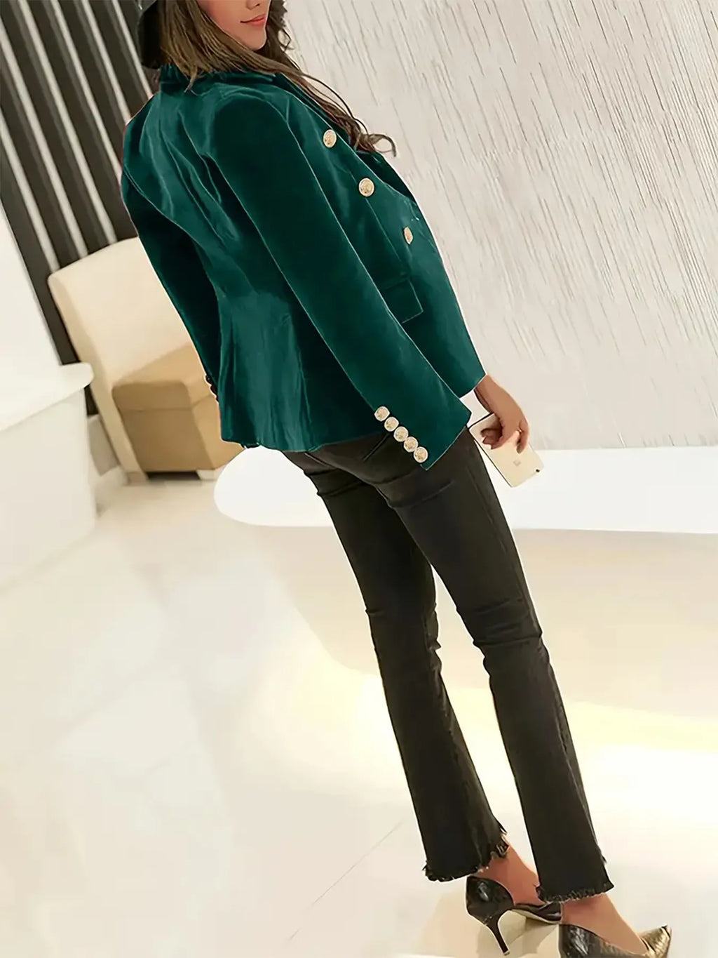 Women's Slim Blazer Green One Button Closure with Pockets 135dbc6fa79d487f811c9da24e91c2e0-Max-Origin Trendsi