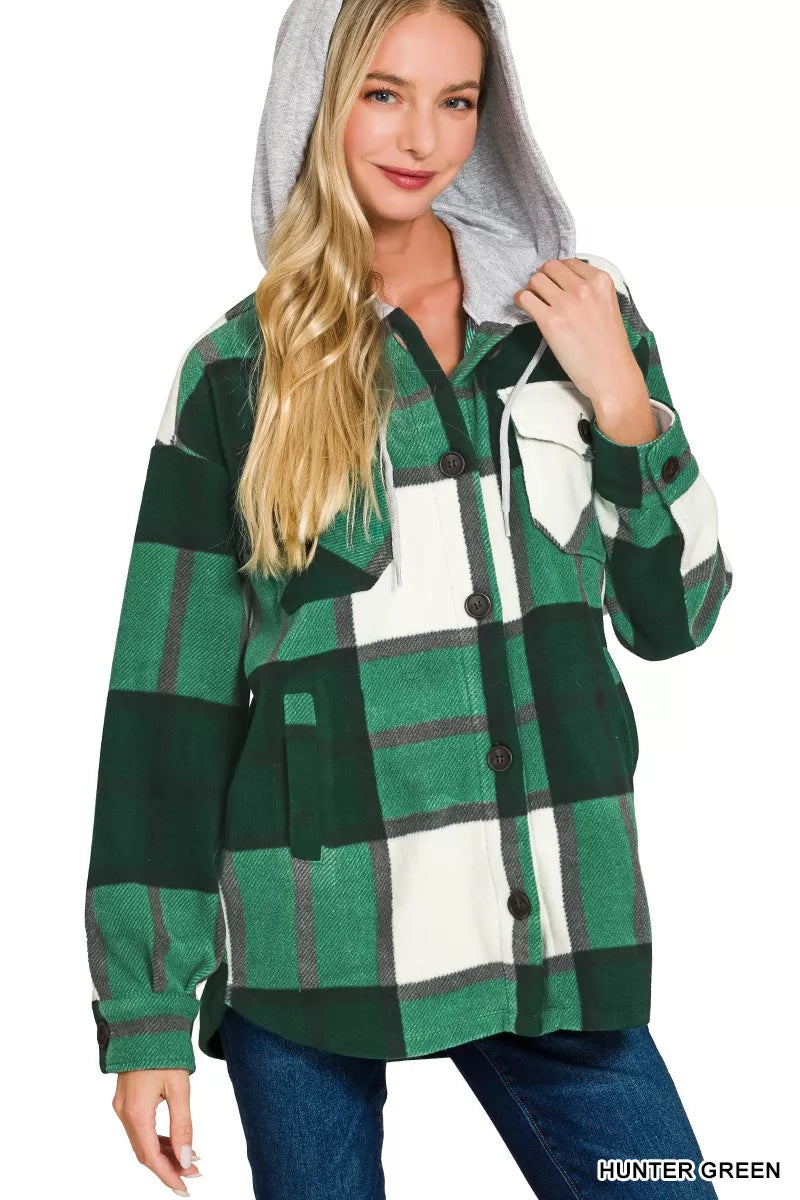 Zenana Womens Fleece Shacket Plaid Green Drawstring Hood Pocketed 136b1cae71564c53bad4cf705f5d4c1d-Max-Origin Trendsi