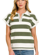 Zenana Striped Collared Short Sleeve Sweater