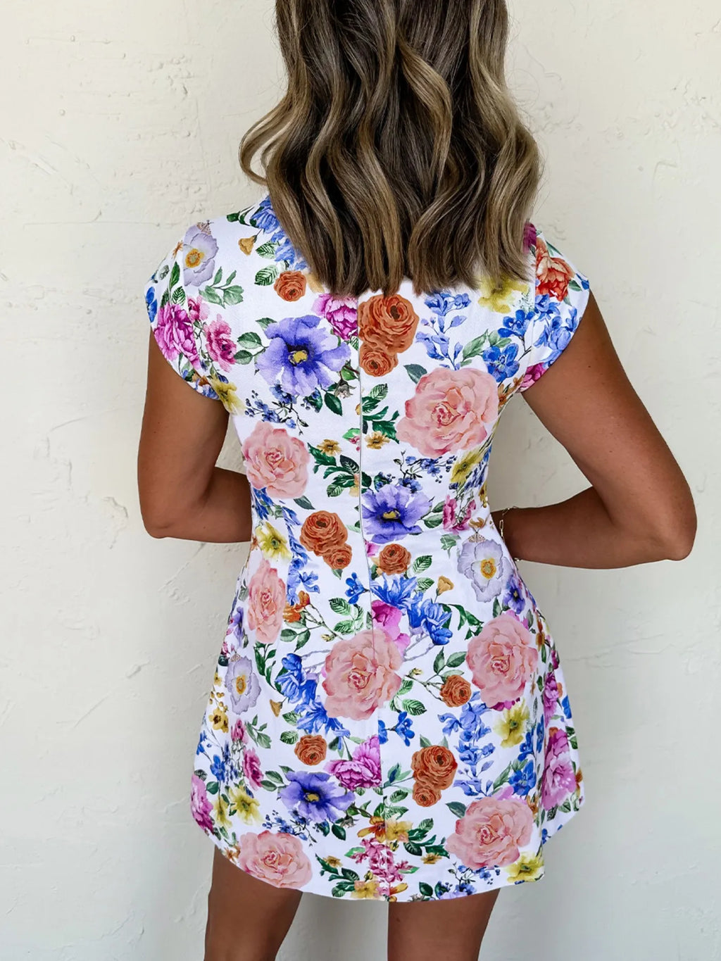 Floral Mini Dress Cap Short Sleeve Round Neck Back Zipper 1370add0-c866-4580-b4d2-9d54d713154f-Max-Origin Trendsi