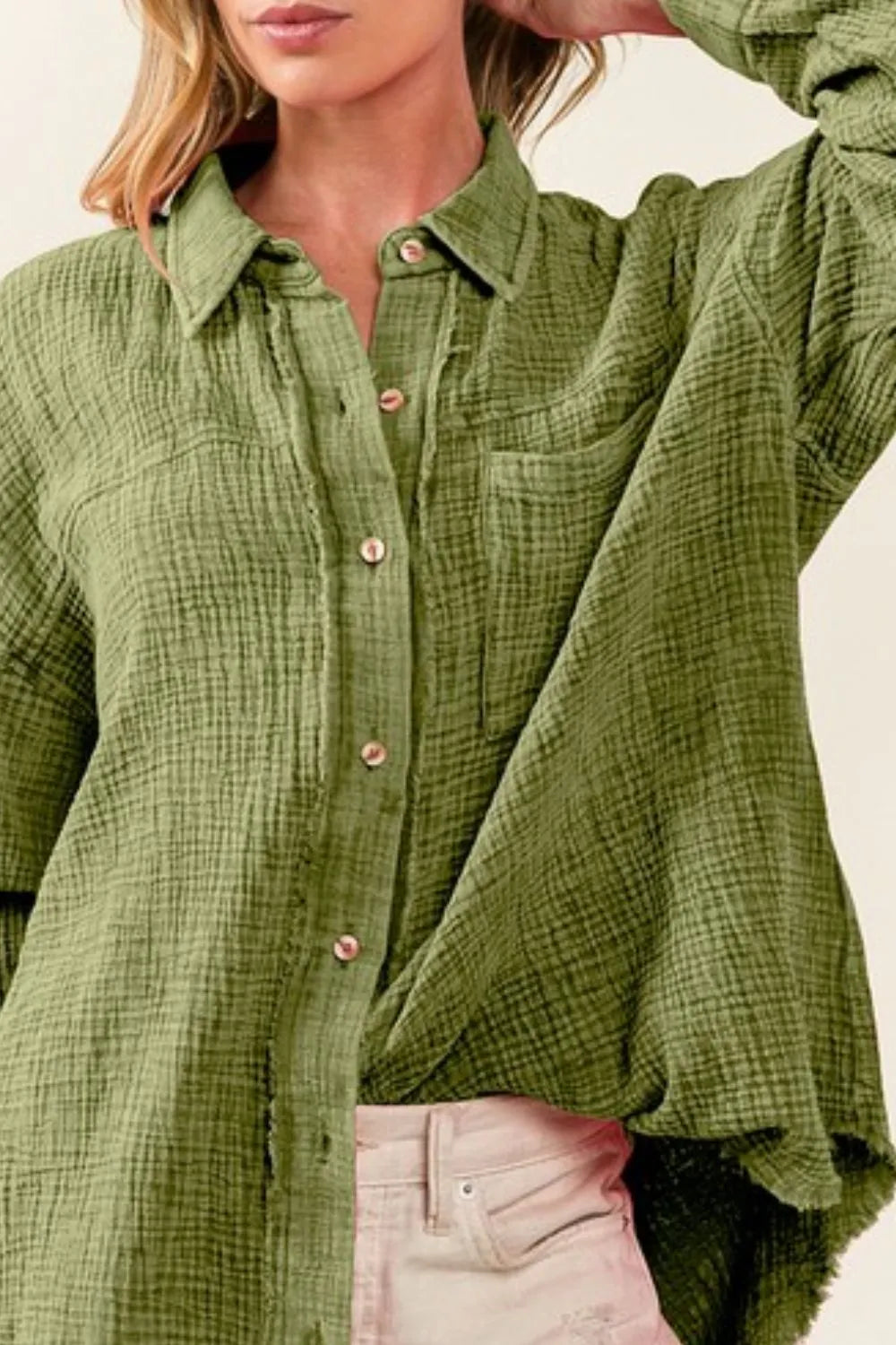 BiBi Shirt Raw Edge Detailed Mineral Washed Loose Fit Olive Oversized Top 137165ff-90f9-4331-b841-646ea8b10fa7-Max-Origin Trendsi