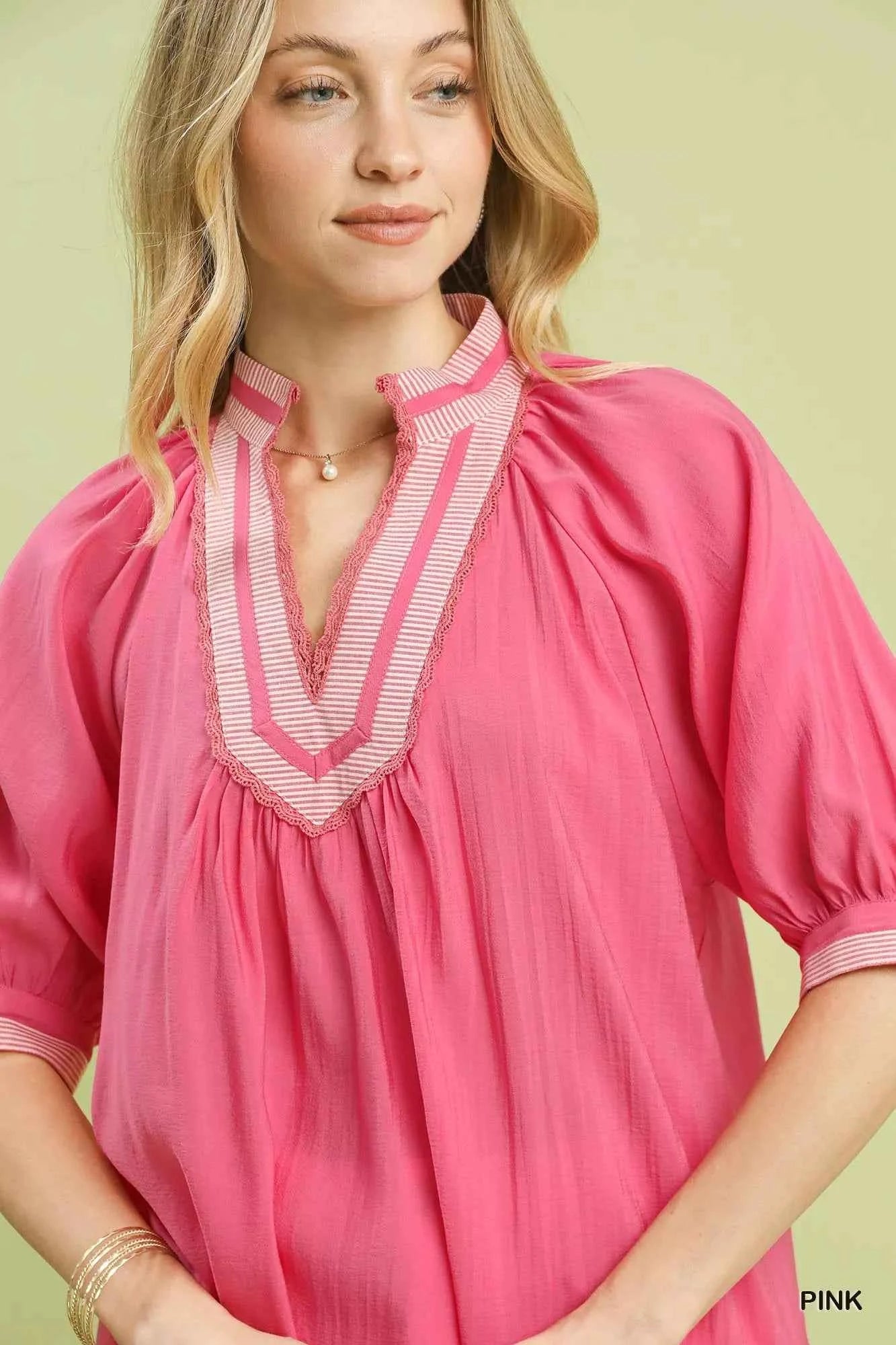 Umgee Pink Blouse Solid Contrast Lace Trim Pleated Short Sleeve Top 13761436-4f25-4771-a0cd-102d8bdf3531-Max-Origin Trendsi