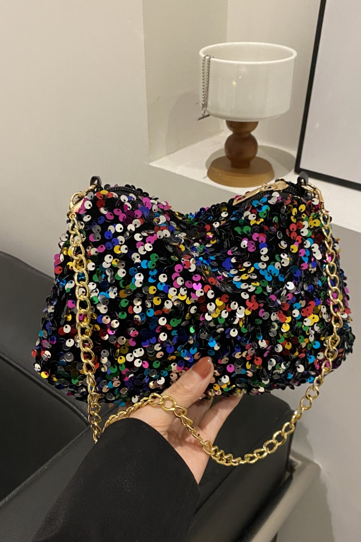 Sequin Shoulder Bag Women Small Chain Metal Strap Zipper Purses