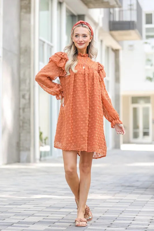 And The Why Mini Dress Swiss Dot Camel Lovely Ruffle Shoulder with Textured 13815c451caf4f11a0402c549eae48e6-Max-Origin Trendsi