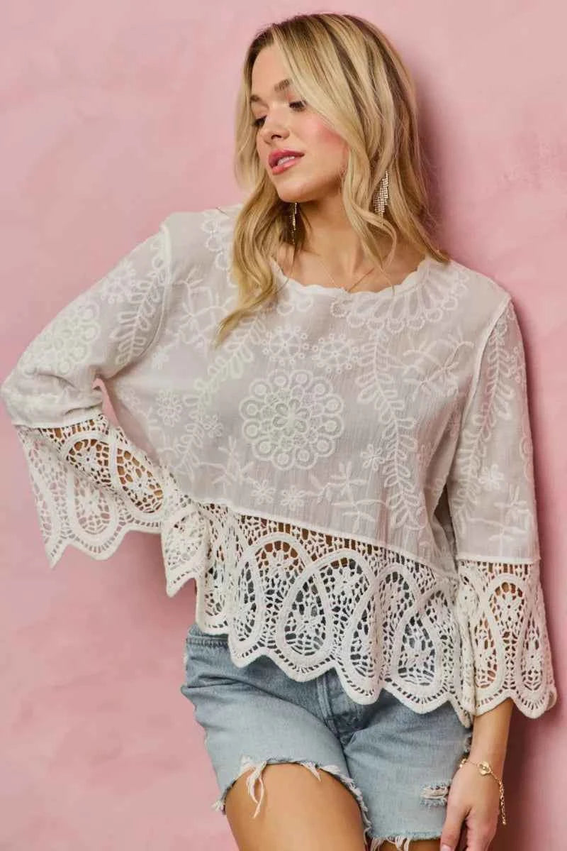SO ME Floral Embroidered Crochet Lace Trimmed Top