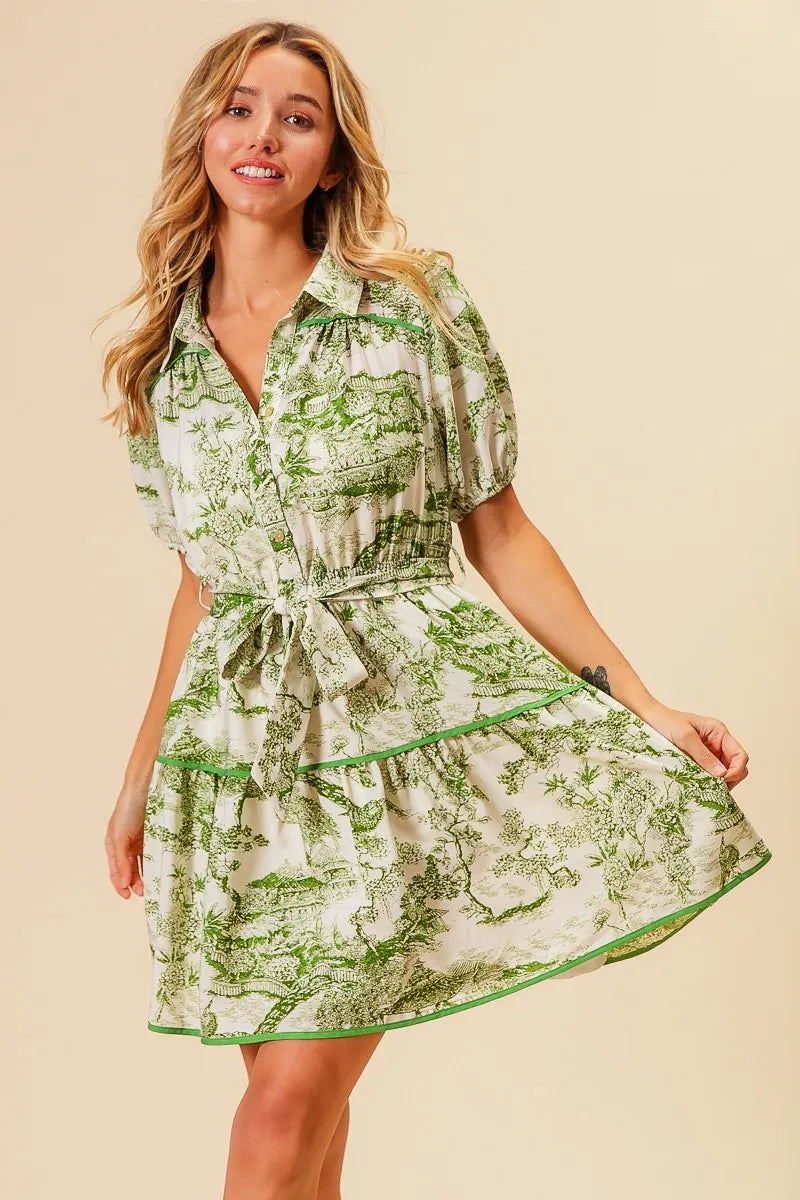 BiBi Mini Shirt Dress Floral Green Printed Tiered Belted Short Sleeve 138473998bff49a280e857f1242b1348-Max-Origin Trendsi